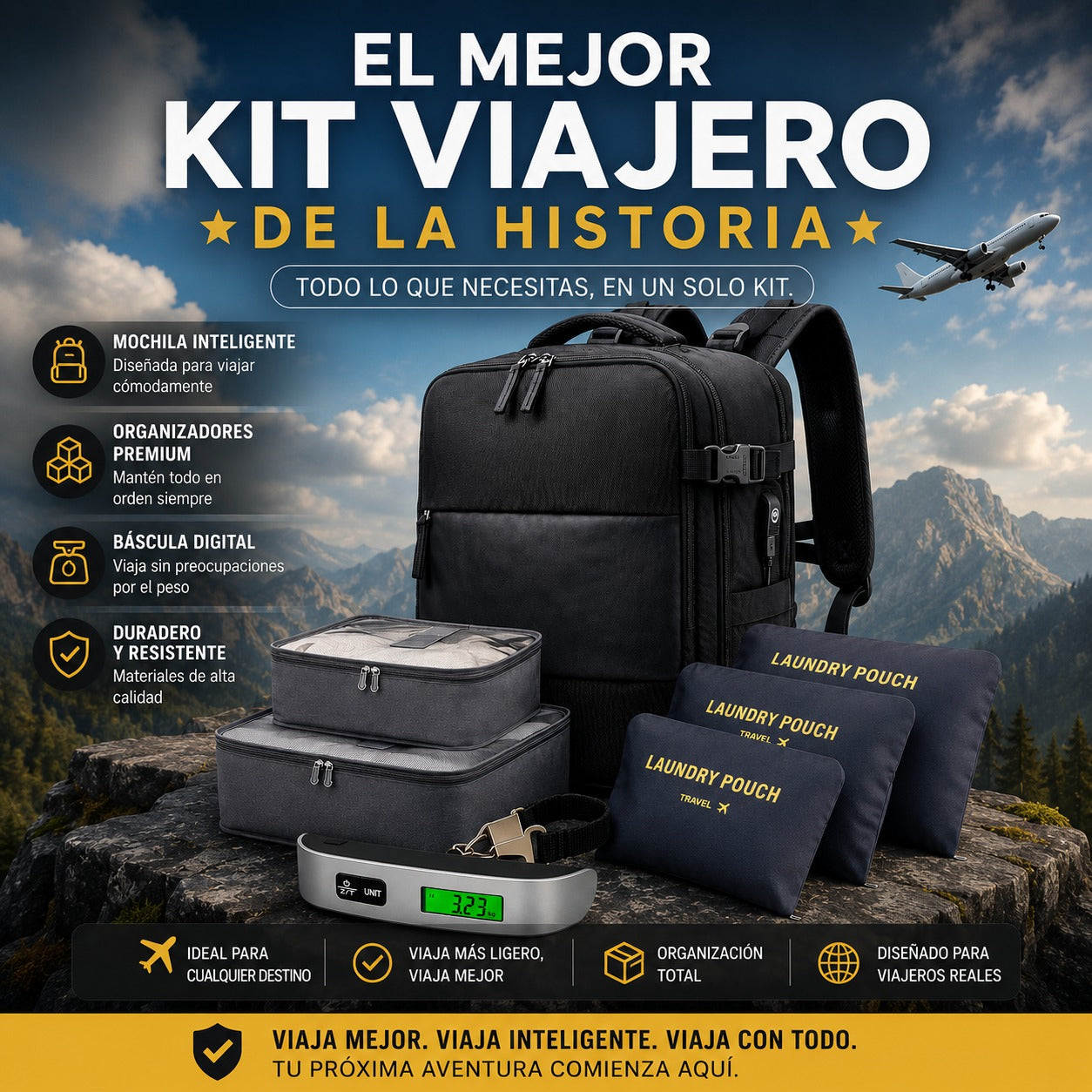 COMBO VIAJERO 3 en 1 - MOCHILA, ORGANIZADOR Y PESA