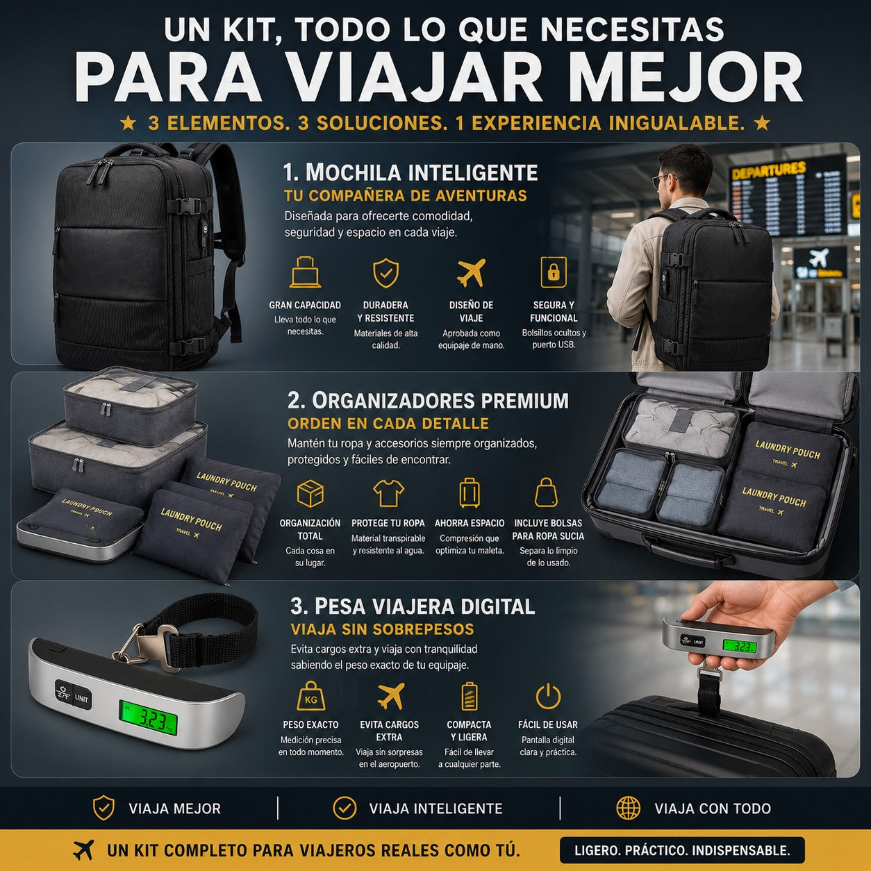 COMBO VIAJERO 3 en 1 - MOCHILA, ORGANIZADOR Y PESA